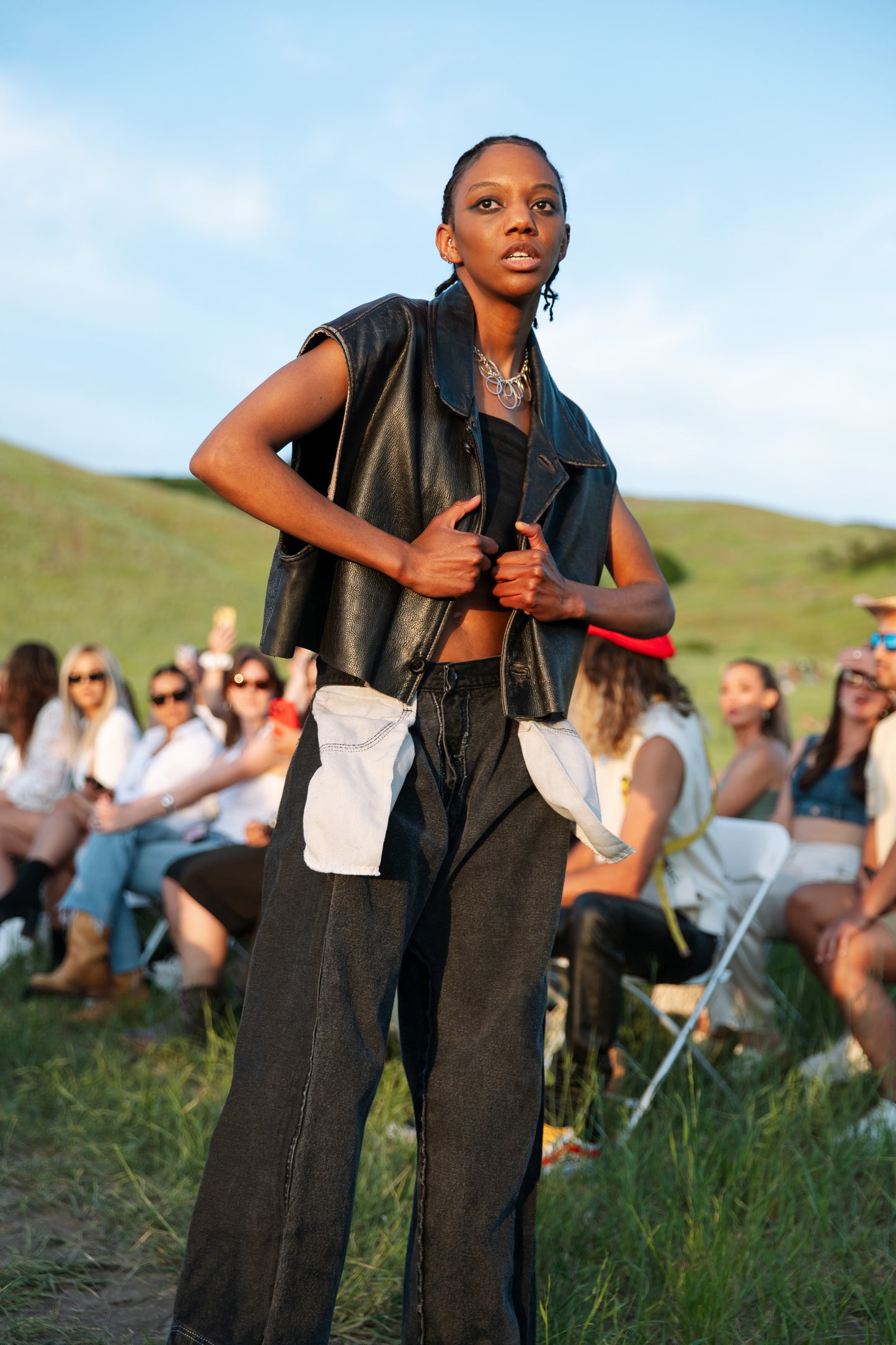 Sanyiah Crop Leather Vest with Asymmetric Tank Top